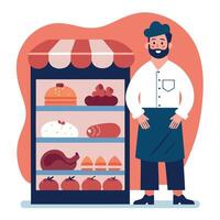 A man stands next to a showcase full of various meats vector