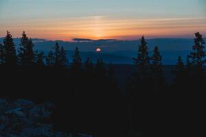 Night in the forest, mountain forest in the dark, the sun hiding in the clouds, the shadow of the fir trees. photo