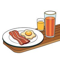 A plate of bacon and eggs sits on a wooden table next to a glass of orange juice. The plate is white vector