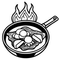 A close-up image of a cast iron skillet containing eggs and bacon cooking over an open fire. symboli vector