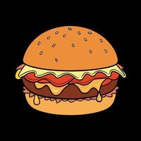 A close-up of a juicy burger with melted cheese and crispy bacon. captured against a solid black bac vector