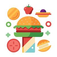 Bacon. Cheese. And Burger Assembly With Fresh Vegetables vector