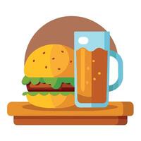 Glass of fresh beer with beef burger on the wooden table vector