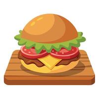 Close Up Of A Juicy Cheeseburger With Bacon And Pickles On A Wooden Cutting Board vector
