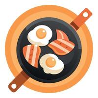 A pan filled with eggs and bacon on top of a wooden table vector