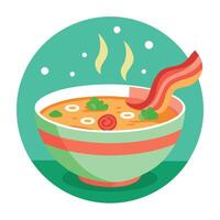 A bowl of soup with bacon and green onions on a table vector