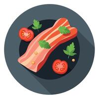 Cooked bacon on slate with tomatoes and herbs vector