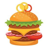 Juicy Double Cheeseburger with Bacon and Onion Rings vector
