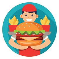 A man holding a large hamburger and fries vector
