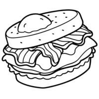 A sandwich with bacon and eggs coloring page vector