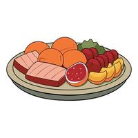 A plate with meat, fruit and vegetables on it vector
