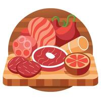 Assorted Fresh Meat Cuts Displayed on Wooden Table for Delicious Meal Preparation vector