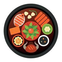 A round plate with various types of food vector