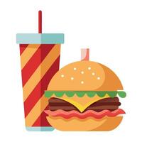 Delicious beef burger with crispy bacon. served with a drink. vector
