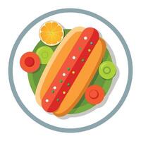 Hot dog with various toppings arranged on a plate viewed from above vector