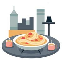 A plate of spaghetti with tomato sauce and coffee on a table in front of a cityscape vector