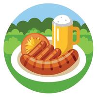 A plate with a beer and sausage on it vector