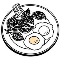 Keto breakfast featuring sunny-side-up eggs with spinach and crispy bacon on a rustic wooden table. vector