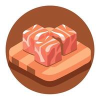 Closeup of cubes of bacon on a rustic wooden board. Raw. vector
