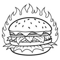 A hamburger with flames on it coloring page vector