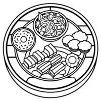 A plate with food and a bowl of noodles coloring page vector