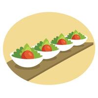 A row of plates with a salad on them vector