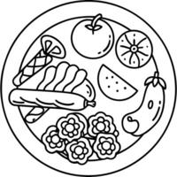 A variety of meats and vegetables are displayed on a wooden cutting board. The meats include bacon. vector