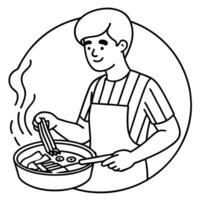 A person preparing a hearty breakfast of scrambled eggs and bacon in a non-stick frying pan vector