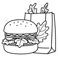 A plant-based burger in a brown paper bag. on a wooden table with arugula and onion slices. vector