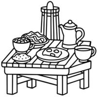 A rustic farmhouse breakfast table with a hearty spread of scrambled eggs. bacon. toast vector