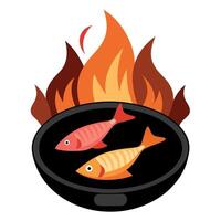 Blackened catfish fillets crackle in bacon fat over an open fire vector
