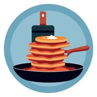 A stack of bacon atop a counter. beside a frying pan and spatula vector