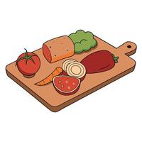 A variety of meats and vegetables are displayed on a wooden cutting board. The meats include ham. sa vector