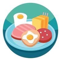 A plate of eggs. ham. and bread on a table vector