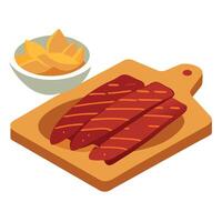 Board and plate of tasty Jerky with on white background. vector