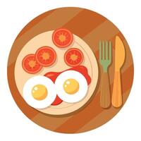 A plate of bacon. eggs. and tomatoes on a wooden table vector