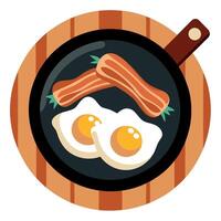 Eggs and bacon cooked in a cast iron pan in a rustic setting vector