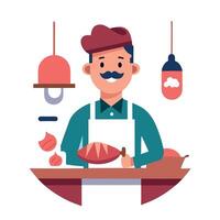 A butcher is preparing meat at the butcher store. vector