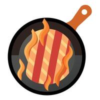 Crispy strips of bacon frying on a cast iron griddle pan vector