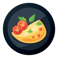 Delicious omelet with tomatoes and herbs on a dark plate. vector