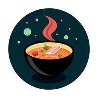 A bowl of soup with bacon and parsley on a black table vector