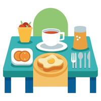 A table set for breakfast with eggs. toast. and orange juice vector