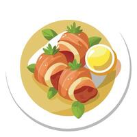 Bacon wrapped scallops with a butter sauce on a white plate. vector