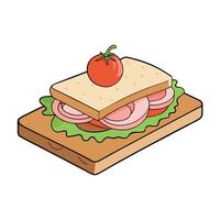 Close-up of a ham and veggie sandwich with fresh lettuce. tomatoes. and onions. served with an apple vector