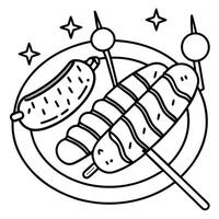 A scrumptious grilled feast featuring two sizzling sausages and a colorful skewer with succulent pie vector
