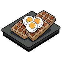 A plate of waffles topped with eggs and bacon on a black tray resting on a wooden table vector