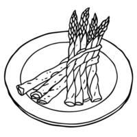 Delicious asparagus in a crispy prosciutto wrapper in a plate on the table. copy space vector