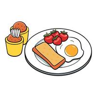 A classic breakfast plate with scrambled eggs. bacon. toast. and a side of fresh fruit. vector