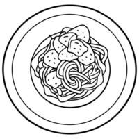 Creamy-cheese-mushroom sauce on spagetti in in the middle A white plate with. top view vector