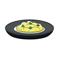 Freshly cooked hot scrambled eggs sprinkled with herbs on a plate on a dark stone table background. vector